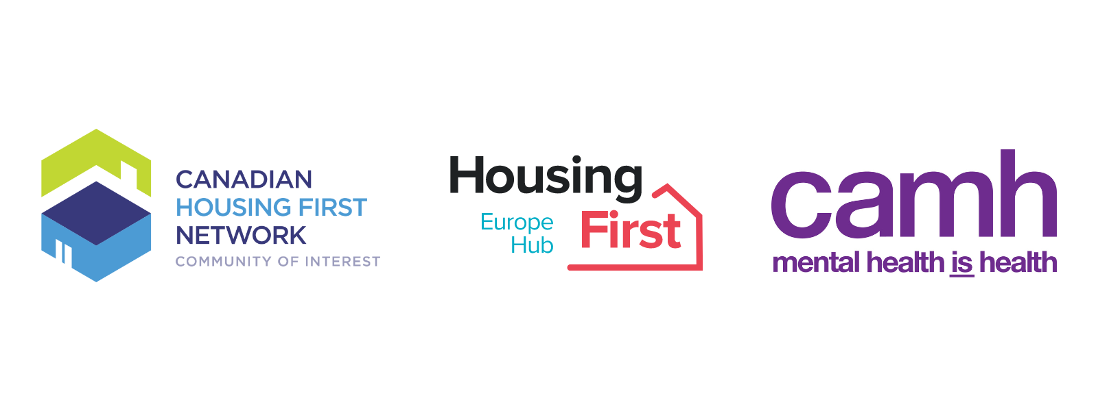 Logos from left-to-right: Canadian Housing First Network Community of Interest, Housing First Europe Hub, CAMH: Mental Health is Health