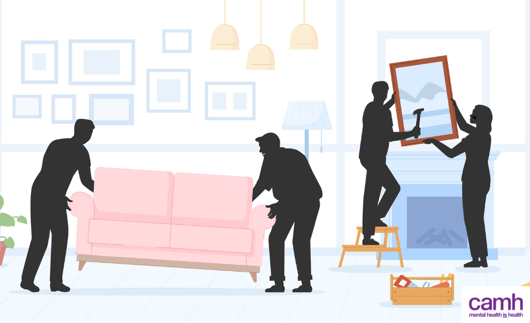 Illustration of Peter moving into his new home.