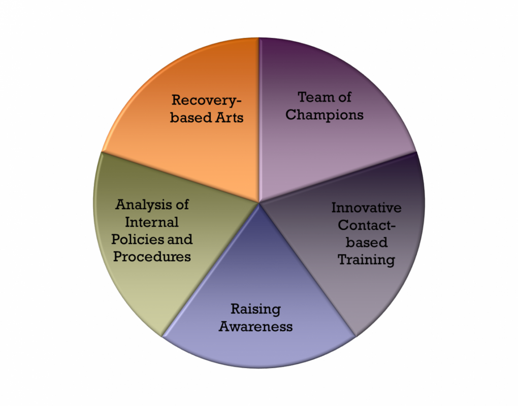 Circle with sections for each of the components of the Acceptance Project intervention, which includes a team of champions,  innovative contact-based training, raising awareness, analysis of internal policies and procedures, and recovery-based arts