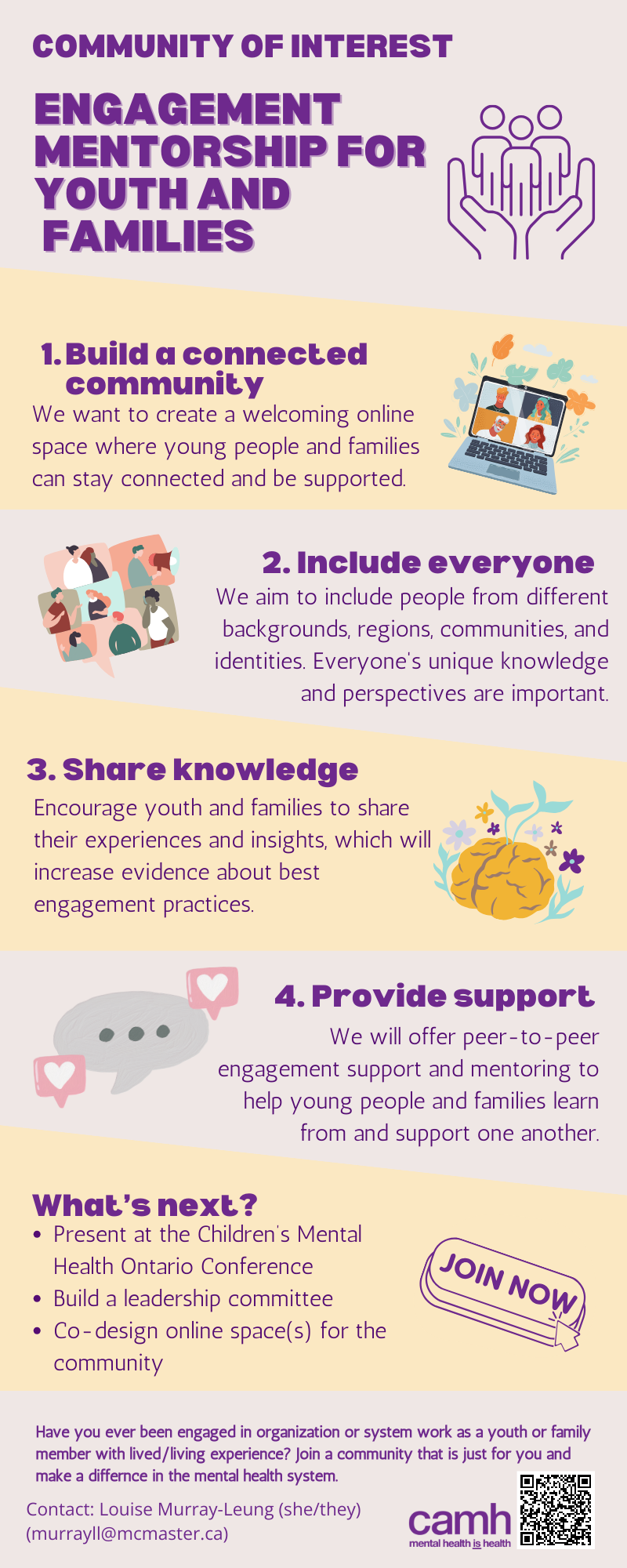 Community of Interest: Engagement Mentorship for Youth and Families. 1. Build a connected community. We want to create a welcoming online space where young people and families can stay connected and be supported. 2. Include everyone. We aim to include people from different backgrounds, regions, communities and identities. Everyone's unique knowledge and perspectives are important. 3. Share knowledge. Encourage youth and families to share their experiences and insights, which will increase evidence about best engagement practices. 4. Provide support. We will offer peer-to-peer engagement support and mentoring to help young people and families learn from and support one another. What's next? Present at the Children's Mental Health Ontario Conference. Build a leadership committee. Co-design online space(s) for the community. Footnote: Have you ever been engaged in organization or system work as a youth or family member with lived/living experiences? Join a community that is just for you and make a difference in the mental health system. Contact: Louise Murray-Leung (she/they), murrayll@mcmaster.ca. Logo: CAMH: Mental Health Is Health. Bottom right corner: QR code.